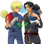  armband blonde_hair carrying character_doll doll eye_contact father_and_son long_sleeves looking_at_another male_focus multiple_boys namikaze_minato naruto naruto_(series) shoulder_carry sui-sui toddler uchiha_fugaku uchiha_itachi uchiha_sasuke uzumaki_naruto younger 