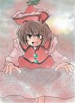  216 bad_anatomy brown_eyes brown_hair bubble_wrap hat long_sleeves looking_at_viewer lyrica_prismriver solo touhou 