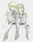  1boy 1girl :p androgynous blonde_hair bow cravat cropped_legs darling_in_the_franxx earrings gloves green_eyes green_hair grey_background highres jewelry nine_alpha nine_delta pants short_hair silver_eyes simple_background tongue tongue_out unapoppo white_gloves white_pants 