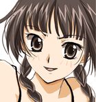  :d artist_request blush braid brown_eyes brown_hair close-up eyebrows eyebrows_visible_through_hair face hair_over_shoulder lowres maria-sama_ga_miteru open_mouth shimazu_yoshino simple_background smile solo twin_braids white_background 