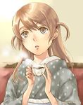  artist_name bangs brown_eyes brown_hair coffee cup grey_kimono holding holding_cup japanese_clothes kimono long_hair long_sleeves looking_away looking_up original parted_lips solo steam swept_bangs two_side_up upper_body watermark yusuraume 