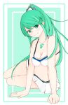  1girl absurdres bangs blush breasts cleavage gem green_eyes green_hair hair_ornament headpiece highres jewelry large_breasts long_hair looking_at_viewer mxsoundtube nintendo pneuma_(xenoblade_2) ponytail pose simple_background smile solo spoilers swept_bangs swimsuit tiara white_background white_swimsuit xenoblade_(series) xenoblade_2 