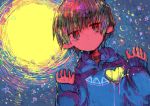  ! 1boy 666haorare666 ? abstract_background backlighting blue_hoodie bubble expressionless hands_up heart highres hood hood_down hoodie long_sleeves original pentagram short_hair solo triangle 