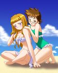  beach bikini blonde_hair blush brown_hair cloud day eyeshadow frilled_swimsuit frills glasses hand_on_shoulder kikukawa_yukino long_hair makeup matatabi_(2ccp) multiple_girls my-hime open_mouth outdoors purple_eyes sarong short_hair sitting sky suzushiro_haruka swimsuit white_sarong 