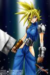  2004 blonde_hair blue_eyes buster_sword cloud_strife earrings final_fantasy final_fantasy_vii genderswap genderswap_(mtf) gloves jewelry john_joseco no_panties solo sword weapon 