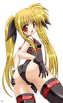  :d arm_strap ass beltbra black_gloves black_legwear blonde_hair blush cameltoe cowboy_shot fate_testarossa flat_chest from_below from_side gloves hair_ribbon halterneck hands_on_ass happy legs_apart leotard long_hair looking_at_viewer looking_back lyrical_nanoha magical_girl mahou_shoujo_lyrical_nanoha marui open_mouth red_eyes ribbon sidelocks simple_background smile solo standing thigh_strap thighhighs turtleneck twintails very_long_hair white_background 