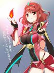  1girl bangs breasts covered_navel earrings fingerless_gloves fire gloves headpiece homura_(xenoblade_2) jewelry large_breasts niameresp nintendo red_eyes red_hair red_shorts short_hair shorts shoulder_armor simple_background solo swept_bangs tiara xenoblade_(series) xenoblade_2 