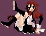  akazukin_(tokyo_akazukin) apron black_dress black_hair blush boots braid brown_eyes dress grimm's_fairy_tales hair_ribbon hood little_red_riding_hood long_hair long_sleeves panties pantyshot petticoat ribbon solo suzushiro_kurumi tokyo_akazukin twin_braids underwear upskirt white_panties 