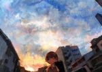  1boy 666haorare666 brown_hair building cloud cloudy_sky collared_shirt commentary_request eyes_closed male_focus original outdoors shirt short_hair short_sleeves sky smile solo summer twilight 
