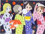  ana_coppola blonde_hair blue_kimono candy_apple checkered cotton_candy crease food fox_mask glasses ichigo_mashimaro itou_chika japanese_clothes kimono long_sleeves mask matsuoka_miu multiple_girls non-web_source pink_kimono print_kimono sakai_kyuuta sakuragi_matsuri scan twintails white_kimono yellow_kimono yukata 