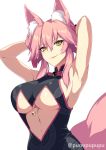  animal_ears armpits arms_behind_head arms_up bangs bare_shoulders bell black_dress blush breasts center_opening china_dress chinese_clothes closed_mouth commentary_request dress fate/grand_order fate_(series) fox_tail hair_between_eyes highres jingle_bell koyanskaya large_breasts long_hair looking_at_viewer pink_hair sidelocks simple_background smile solo tail tied_hair underboob white_background yellow_eyes zeroshiki_kouichi 