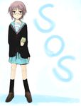  bangs cardigan glasses kita_high_school_uniform long_sleeves nagato_yuki school_uniform serafuku shiki_(no-reply) short_hair solo suzumiya_haruhi_no_yuuutsu 