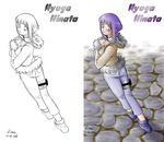  artist_request ass blush character_name cobblestone colorized comparison dated denim from_behind hands_on_own_chest hyuuga_hinata jeans long_sleeves looking_at_viewer looking_back naruto naruto_(series) pants parka partially_colored signature thigh_strap walking 