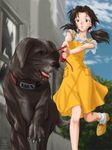  2005 brown_eyes brown_hair collar dog dog_walking dress freckles hair_bobbles hair_ornament horaki_hikari mastiff meguro_fukuzou neon_genesis_evangelion solo sweat twintails 