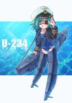  :q binoculars blue_eyes eyepatch green_hair hat kriegsmarine kurudaz long_sleeves mecha_musume military one-piece_swimsuit original peaked_cap school_swimsuit ship short_hair solo striker_unit submarine swastika swimsuit tongue tongue_out watercraft world_war_ii 