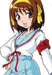  armband blue_sailor_collar brown_hair kita_high_school_uniform long_sleeves lowres sailor_collar school_uniform serafuku short_hair shoryutei solo suzumiya_haruhi suzumiya_haruhi_no_yuuutsu 