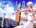  amano_kozue aria armpit_peek armpits athena_glory dark_skin gondola hat lion oar orange_planet_uniform pillar short_hair silver_hair smile solo tower uniform venezia very_short_hair wallpaper wings 