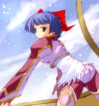  akayama_yukihe ass blue_hair day green_eyes long_sleeves mamiina ribbon short_hair simoun sky snowing solo 