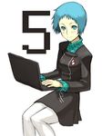  5 blue_eyes blue_hair computer laptop long_sleeves number pantyhose persona persona_3 short_hair smile solo yamagishi_fuuka yu_65026 