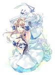  aqua_eyes blonde_hair blue_flower blue_rose bow character_request copyright_request dress elbow_gloves flower frills gloves green_flower green_rose hirano_katsuyuki long_hair midriff multicolored multicolored_rose navel pleated_skirt ribbon rose sidelocks skirt solo sword weapon white_flower white_gloves white_rose 