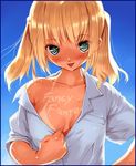  :p bikini_tan blonde_hair copyright_request green_eyes looking_at_viewer naughty_face no_bra off_shoulder open_clothes open_shirt shirt solo tan tanline tongue tongue_out twintails ueda_ryou upper_body 