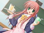  :d animal_print apron blush bow bowtie cup drink drinking_glass drinking_straw dutch_angle elephant game_cg green_eyes hair_ribbon kiba_satoshi long_hair long_sleeves mug open_mouth ouuta_chiaki pink_apron pink_hair puchi_cherry_~anata_to_iru_kisetsu~ ribbon sakana school_uniform smile solo standing tray 