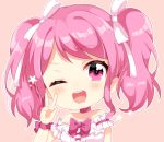  1girl ;d bang_dream! bangs blush bow bowtie chibi detached_sleeves frilled_sleeves frills hair_ribbon hand_up maruyama_aya nameneko_(124) one_eye_closed open_mouth outline pink_background pink_bow pink_eyes pink_hair pink_neckwear ribbon short_sleeves sidelocks smile solo star twintails upper_body w white_outline white_ribbon wrist_bow 