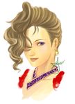 blue_eyes brown_hair closed_mouth dj_midori earrings face gensou_suikoden gensou_suikoden_v hair_over_one_eye jewelry lips looking_at_viewer sialeeds_falenas simple_background smile solo upper_body white_background 