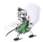  black_eyes bow bowtie cappccino clenched_teeth fighting_stance hitodama holding holding_sword holding_weapon konpaku_youmu konpaku_youmu_(ghost) scabbard serious sheath sheathed short_hair short_sleeves silver_hair simple_background solo standing sword teeth touhou vest weapon white_background 