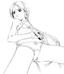  breasts collarbone greyscale long_hair looking_to_the_side monochrome navel original parted_lips simple_background small_breasts solo spread_legs suzuki_kyoutarou underwear underwear_only unsheathed white_background 