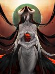  absurdres albedo bamuth black_hair breasts demon demon_girl demon_horns demon_wings dress elbow_gloves feathered_wings feathers gloves hair_between_eyes highres horns large_breasts long_hair magic_trick overlord_(maruyama) skull strapless strapless_dress white_dress wings yellow_eyes 