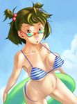  bangs bikini breasts day glasses green_hair hair_bobbles hair_ornament innertube large_breasts navel original red_eyes short_hair short_twintails solo striped striped_bikini suka_kusujirou swimsuit twintails two_side_up 