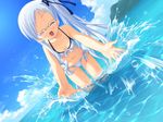  beach bikini closed_eyes day dutch_angle game_cg glasses hajimete_no_otetsudai outdoors side_ponytail sin-go solo splashing swimsuit white_hair 