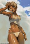  beach blonde_hair blue_eyes breasts cloud contrapposto dark_skin day duplicate elena_(street_fighter) groin kim_hyung_tae medium_breasts midriff muscle non-web_source outdoors oxide panties scan see-through short_hair sideboob sky solo standing street_fighter street_fighter_iii_(series) sweat tan tank_top thighs underwear wet white_panties 