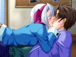  1girl couple game_cg hetero kiss long_sleeves minamiyama_raimu mizushima_oonari school_heaven short_hair watermark 