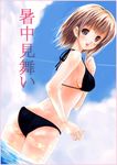  :d ass bangs bikini black_bikini blush border breasts brown_eyes brown_hair caustics cloud condensation_trail cowboy_shot day dutch_angle from_behind looking_at_viewer looking_back medium_breasts mikazukimo open_mouth original pink_border shochuumimai short_hair sky smile solo swimsuit wading water 