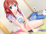  amanatsu ayase_mao blue_eyes book dutch_angle game_cg ginta pillow shorts sitting smile solo towel 