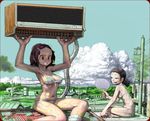  air_conditioner arms_up bad_hands barefoot bikini breasts brown_eyes brown_hair clenched_teeth cloud corrugated_galvanised_iron_sheet day fan fanning_face hair_ornament hairclip hot indian_style kawaguchi_youhei large_breasts lifting looking_at_another medium_breasts multiple_girls navel on_roof original outdoors paper_fan ponytail power_lines print_bikini road rooftop rounded_corners scenery short_hair sitting sky socks soles string_bikini striped striped_bikini sweat swimsuit teeth telephone_pole town traffic_light tree uchiwa v-shaped_eyebrows village white_legwear 