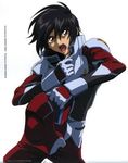  :d artist_name bodysuit dark_skin dark_skinned_male gloves grey_gloves gundam gundam_seed gundam_seed_destiny hair_between_eyes head_tilt headwear_removed helmet helmet_removed hirai_hisashi holding holding_helmet looking_at_viewer male_focus open_mouth pilot_suit shaded_face shinn_asuka simple_background smile solo upper_body v-shaped_eyebrows white_background 