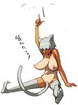  animal_ears bobobo breasts cat_ears cat_tail copyright_request fangs hair_over_eyes large_breasts nipples one-piece_tan pointing sitting solo tail tan tanline thighhighs topless translation_request 