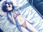  bed blue_eyes blue_hair blush bra cameltoe choker earrings game_cg jewelry lingerie lying midorikawa_kotone minyo! moonlight navel on_back panties pink_bra pink_panties saitou_kaho short_hair solo underwear underwear_only 