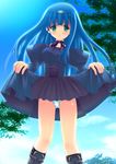  blue blue_dress blue_hair blue_panties blush boots choker cloud day dress dress_lift elemental_gelade green_eyes knee_boots long_hair long_sleeves panties reverie_metherlence sky solo source_request standing uehiro underwear 