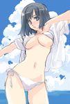  absurdres beach bikini black_eyes black_hair blush breasts cloud cowboy_shot day highres lipstick makeup matsumoto_noriyuki medium_breasts ocean open_clothes open_shirt original outdoors pose shirt side-tie_bikini sketch sky solo stretch swimsuit underboob water 