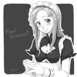  blush breasts cleavage cleavage_cutout frills greyscale hands_together looking_at_viewer maid maid_headdress medium_breasts monochrome original sakura_kotetsu short_sleeves simple_background smile solo underbust upper_body 