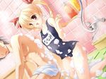  1girl :d bath bathing black_school_swimsuit blonde_hair blush clothed_female_nude_male game_cg konneko mikeou minamino_nanami mixed_bathing name_tag nude one-piece_swimsuit open_mouth school_swimsuit smile soap_bottle soap_bubbles solo_focus swimsuit tile_wall tiles towel_on_legs twintails 