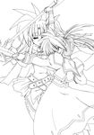  45acp arms_up bardiche belt buckle cape fate_testarossa fingerless_gloves floating_hair gloves greyscale lineart long_sleeves looking_at_viewer lyrical_nanoha magical_girl mahou_shoujo_lyrical_nanoha mahou_shoujo_lyrical_nanoha_a's monochrome multiple_girls polearm profile puffy_sleeves raising_heart simple_background takamachi_nanoha twintails weapon 
