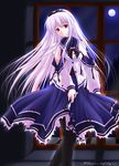  dress es_(glasscastle) full_moon long_hair long_sleeves moon original pink_hair red_eyes ribbon solo 