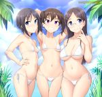  3girls arms_behind_head bare_arms bare_shoulders bikini black_hair blue_eyes blue_sky blush breasts brown_hair closed_mouth cloud collarbone cowboy_shot day female ghettoyouth grin hair_between_eyes kuraue_hinata kurosaki_honoka large_breasts long_hair looking_at_viewer multiple_girls navel outdoors saitou_kaede_(yama_no_susume) shiny shiny_hair side-tie_bikini sky small_breasts smile standing stomach swimsuit teeth thigh_gap tree white_bikini yama_no_susume 