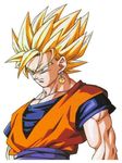  angry blonde_hair dragon_ball dragon_ball_z earrings from_side green_eyes japanese_clothes jewelry looking_afar male_focus muscle potara_earrings shirt short_sleeves simple_background solo son_gokuu spiked_hair super_saiyan upper_body white_background 