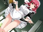  apron black_dress black_eyes blue_panties blush boin dress dress_lift dutch_angle game_cg happoubi_jin heart heart_panties heart_print iihara_nao long_hair maid maid_headdress panties pink_hair print_panties red_hair ribbon solo standing thigh_gap underwear wrist_cuffs 